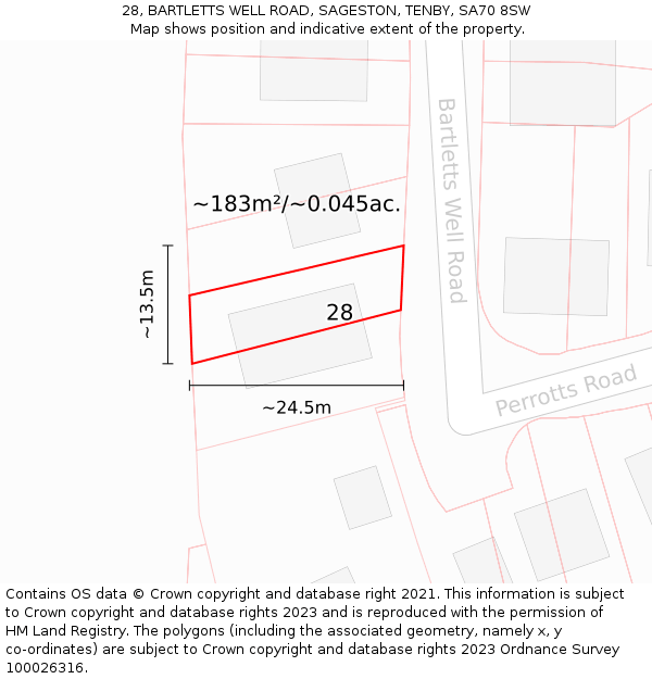 28, BARTLETTS WELL ROAD, SAGESTON, TENBY, SA70 8SW: Plot and title map