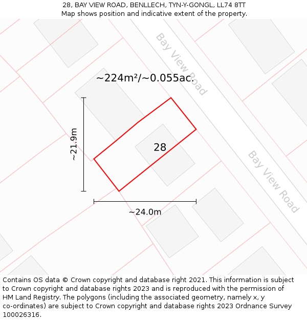 28, BAY VIEW ROAD, BENLLECH, TYN-Y-GONGL, LL74 8TT: Plot and title map