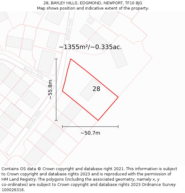 28, BAYLEY HILLS, EDGMOND, NEWPORT, TF10 8JG: Plot and title map