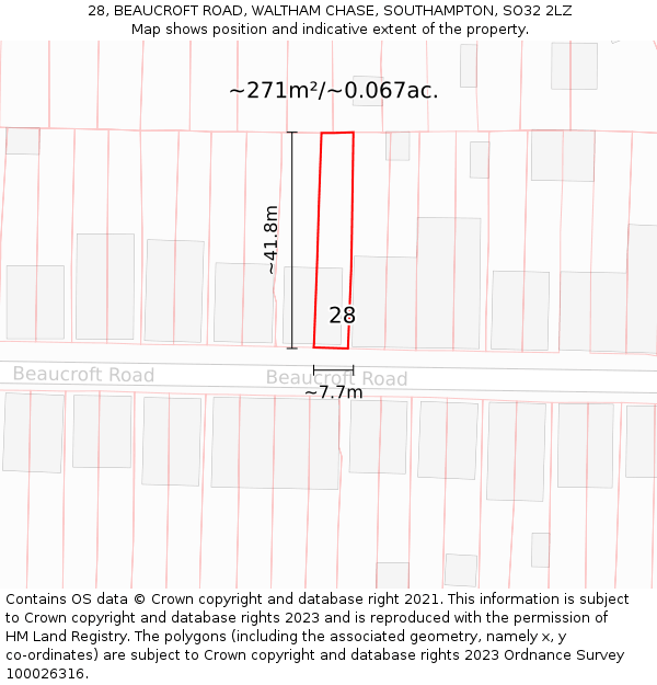 28, BEAUCROFT ROAD, WALTHAM CHASE, SOUTHAMPTON, SO32 2LZ: Plot and title map