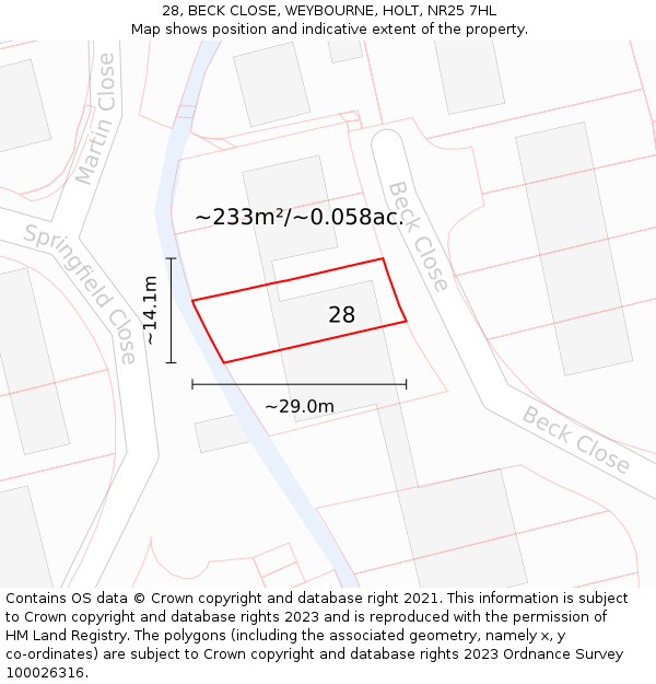28, BECK CLOSE, WEYBOURNE, HOLT, NR25 7HL: Plot and title map