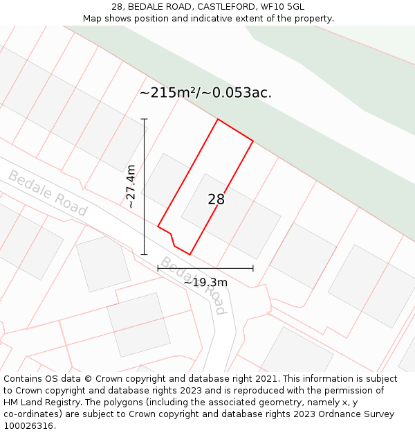 28, BEDALE ROAD, CASTLEFORD, WF10 5GL: Plot and title map