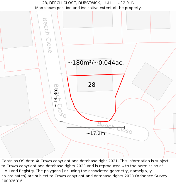 28, BEECH CLOSE, BURSTWICK, HULL, HU12 9HN: Plot and title map