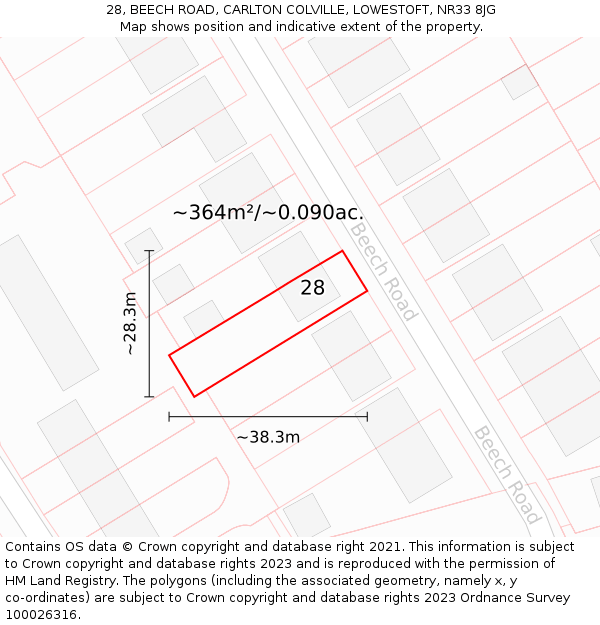 28, BEECH ROAD, CARLTON COLVILLE, LOWESTOFT, NR33 8JG: Plot and title map