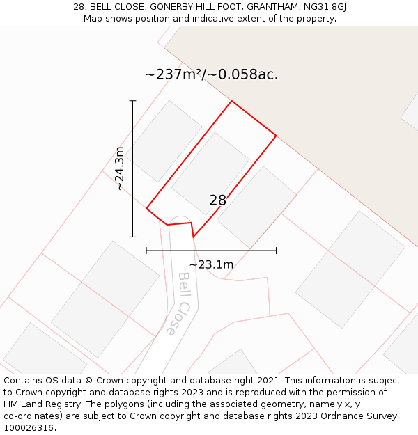 28, BELL CLOSE, GONERBY HILL FOOT, GRANTHAM, NG31 8GJ: Plot and title map