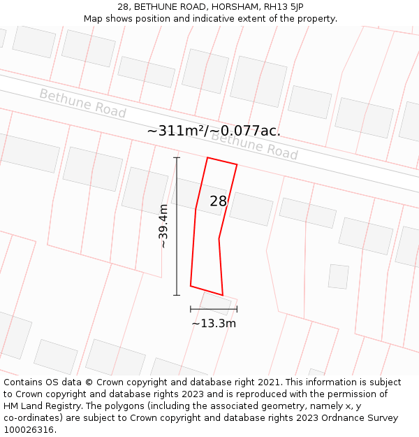 28, BETHUNE ROAD, HORSHAM, RH13 5JP: Plot and title map