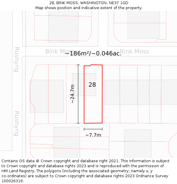 28, BINK MOSS, WASHINGTON, NE37 1GD: Plot and title map