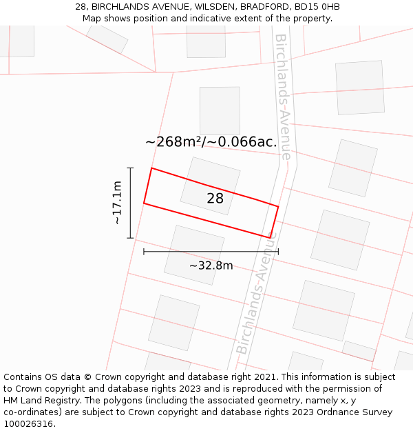 28, BIRCHLANDS AVENUE, WILSDEN, BRADFORD, BD15 0HB: Plot and title map