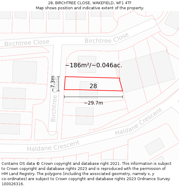 28, BIRCHTREE CLOSE, WAKEFIELD, WF1 4TF: Plot and title map