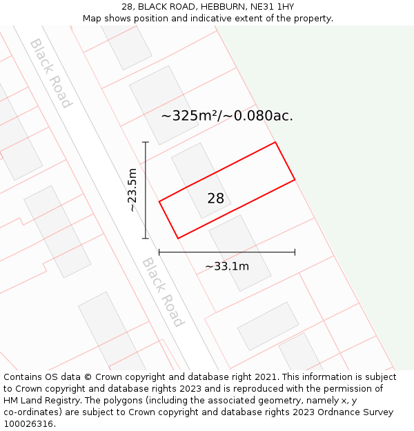 28, BLACK ROAD, HEBBURN, NE31 1HY: Plot and title map