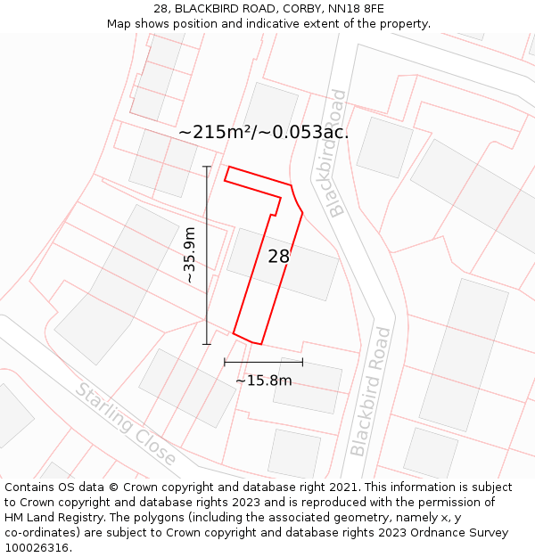 28, BLACKBIRD ROAD, CORBY, NN18 8FE: Plot and title map