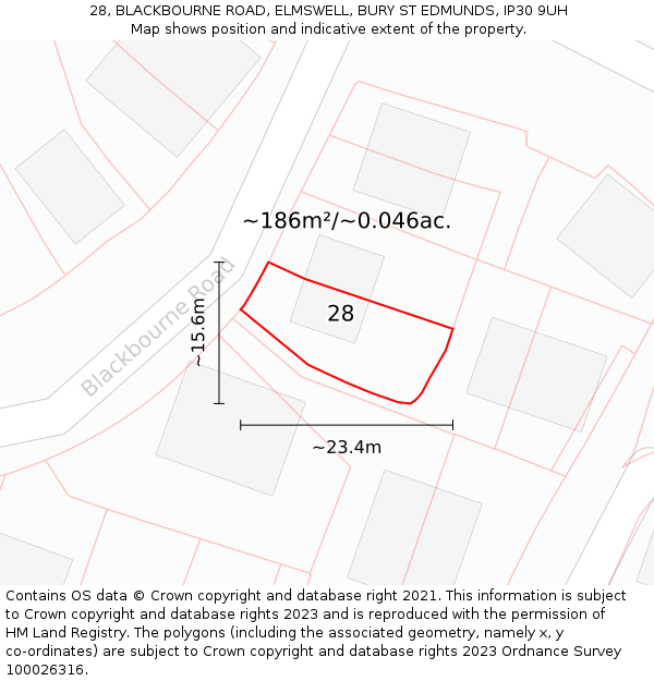 28, BLACKBOURNE ROAD, ELMSWELL, BURY ST EDMUNDS, IP30 9UH: Plot and title map