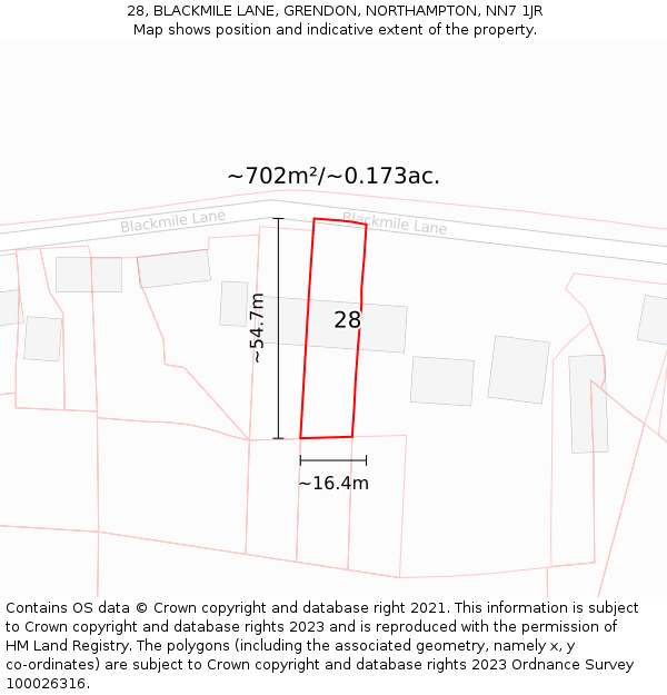 28, BLACKMILE LANE, GRENDON, NORTHAMPTON, NN7 1JR: Plot and title map