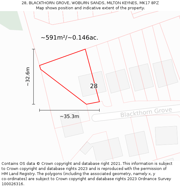 28, BLACKTHORN GROVE, WOBURN SANDS, MILTON KEYNES, MK17 8PZ: Plot and title map