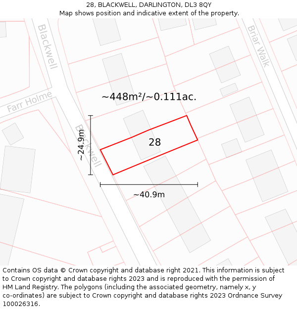 28, BLACKWELL, DARLINGTON, DL3 8QY: Plot and title map