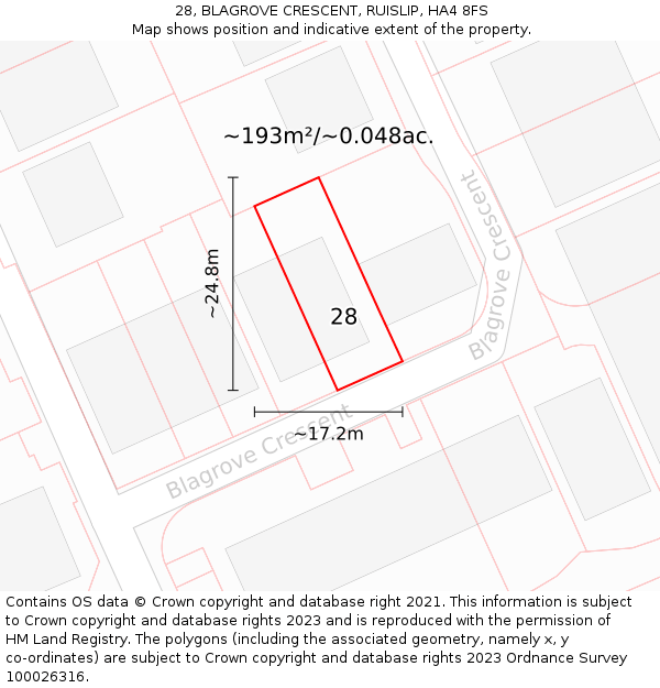 28, BLAGROVE CRESCENT, RUISLIP, HA4 8FS: Plot and title map