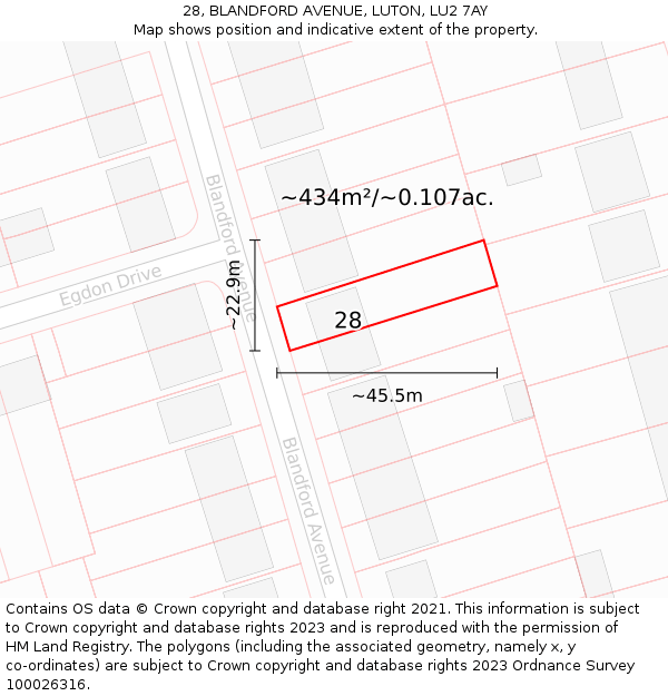 28, BLANDFORD AVENUE, LUTON, LU2 7AY: Plot and title map