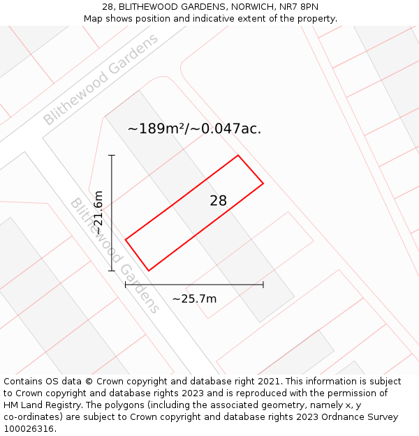 28, BLITHEWOOD GARDENS, NORWICH, NR7 8PN: Plot and title map