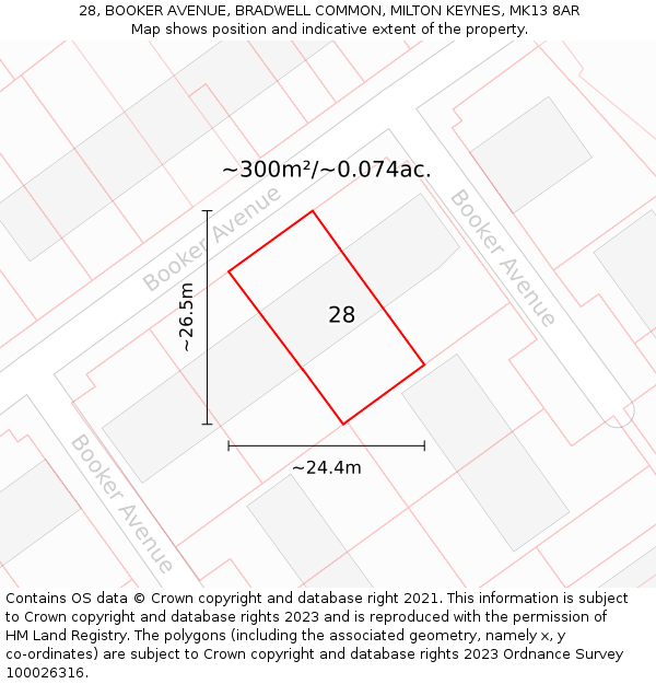 28, BOOKER AVENUE, BRADWELL COMMON, MILTON KEYNES, MK13 8AR: Plot and title map