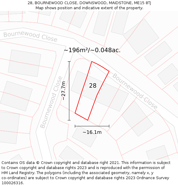 28, BOURNEWOOD CLOSE, DOWNSWOOD, MAIDSTONE, ME15 8TJ: Plot and title map