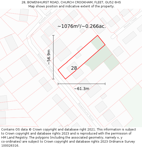 28, BOWENHURST ROAD, CHURCH CROOKHAM, FLEET, GU52 6HS: Plot and title map