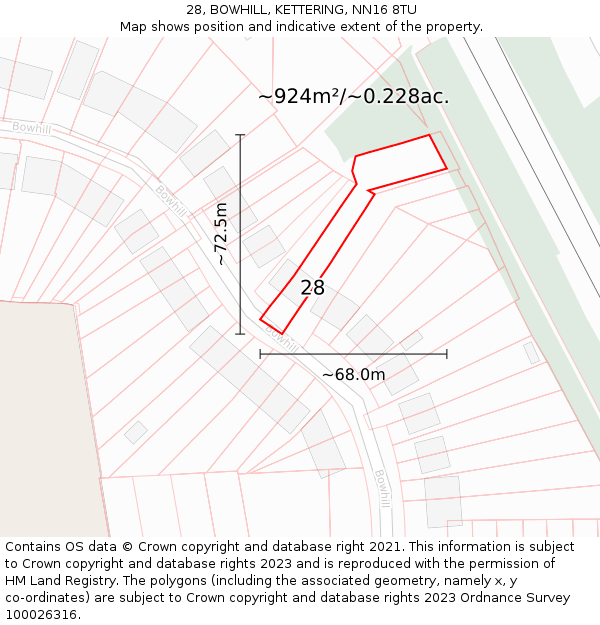 28, BOWHILL, KETTERING, NN16 8TU: Plot and title map