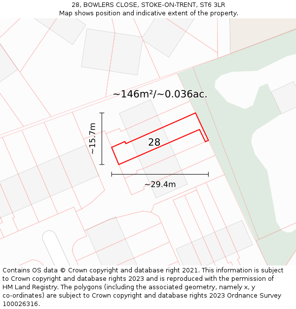 28, BOWLERS CLOSE, STOKE-ON-TRENT, ST6 3LR: Plot and title map