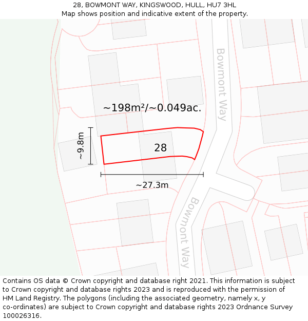 28, BOWMONT WAY, KINGSWOOD, HULL, HU7 3HL: Plot and title map