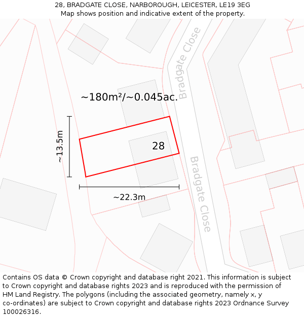 28, BRADGATE CLOSE, NARBOROUGH, LEICESTER, LE19 3EG: Plot and title map