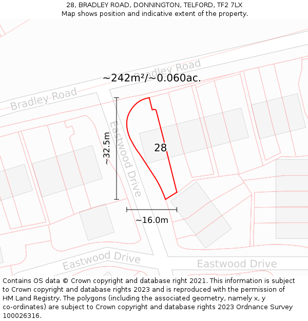 28, BRADLEY ROAD, DONNINGTON, TELFORD, TF2 7LX: Plot and title map