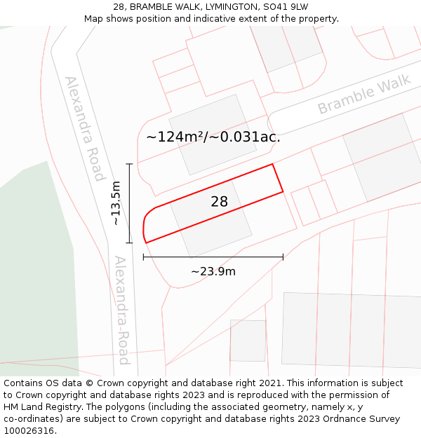 28, BRAMBLE WALK, LYMINGTON, SO41 9LW: Plot and title map
