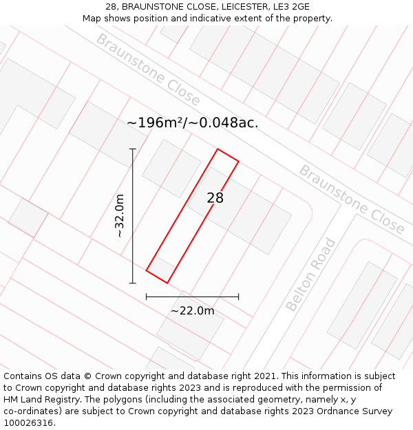 28, BRAUNSTONE CLOSE, LEICESTER, LE3 2GE: Plot and title map