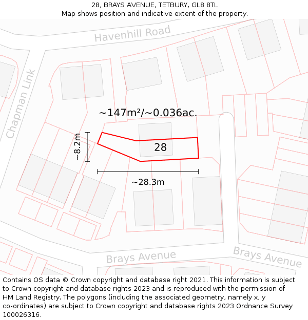 28, BRAYS AVENUE, TETBURY, GL8 8TL: Plot and title map