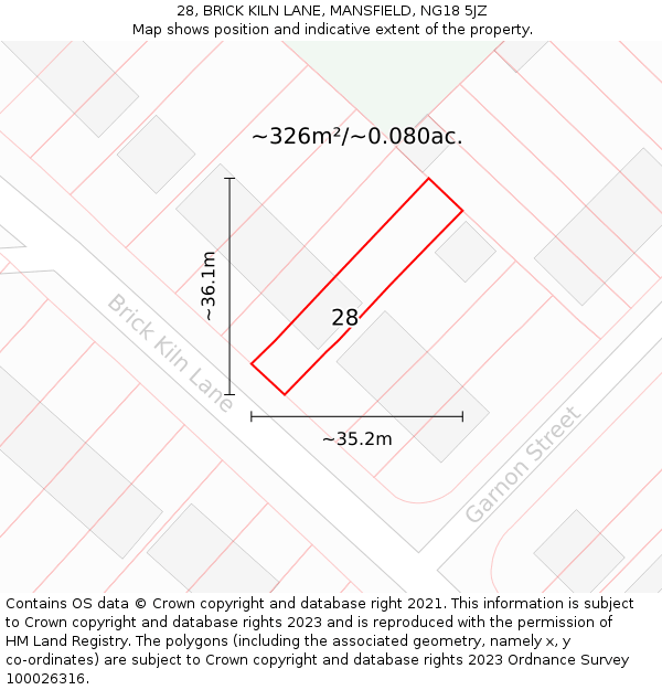 28, BRICK KILN LANE, MANSFIELD, NG18 5JZ: Plot and title map