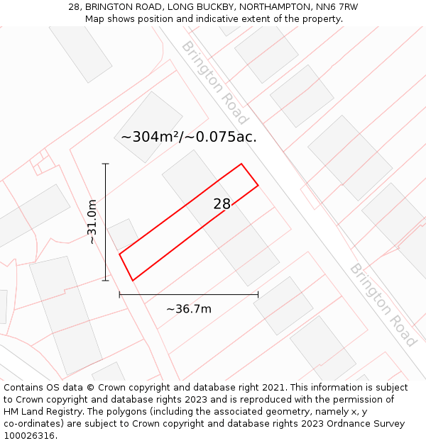 28, BRINGTON ROAD, LONG BUCKBY, NORTHAMPTON, NN6 7RW: Plot and title map