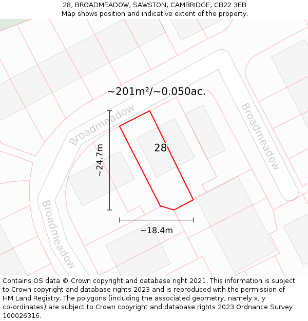 28, BROADMEADOW, SAWSTON, CAMBRIDGE, CB22 3EB: Plot and title map