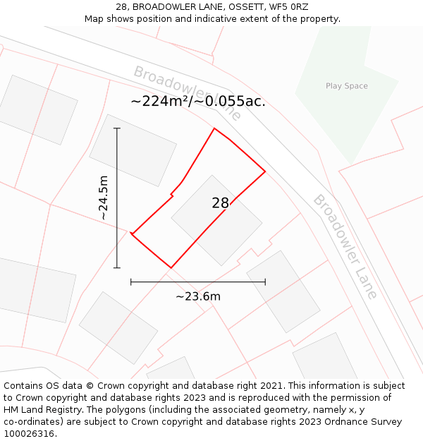 28, BROADOWLER LANE, OSSETT, WF5 0RZ: Plot and title map