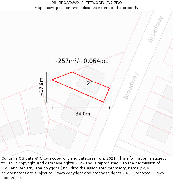 28, BROADWAY, FLEETWOOD, FY7 7DQ: Plot and title map