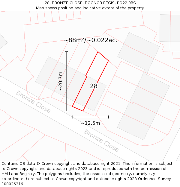 28, BRONZE CLOSE, BOGNOR REGIS, PO22 9RS: Plot and title map