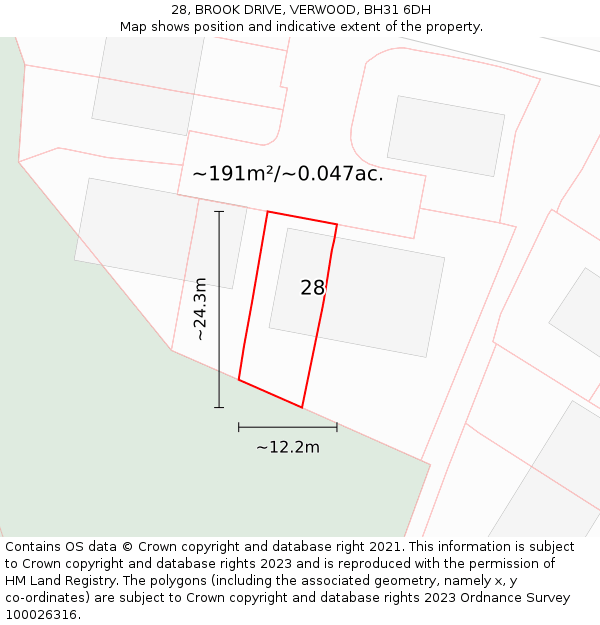 28, BROOK DRIVE, VERWOOD, BH31 6DH: Plot and title map