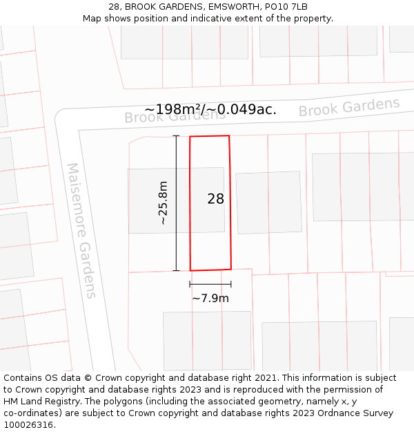 28, BROOK GARDENS, EMSWORTH, PO10 7LB: Plot and title map