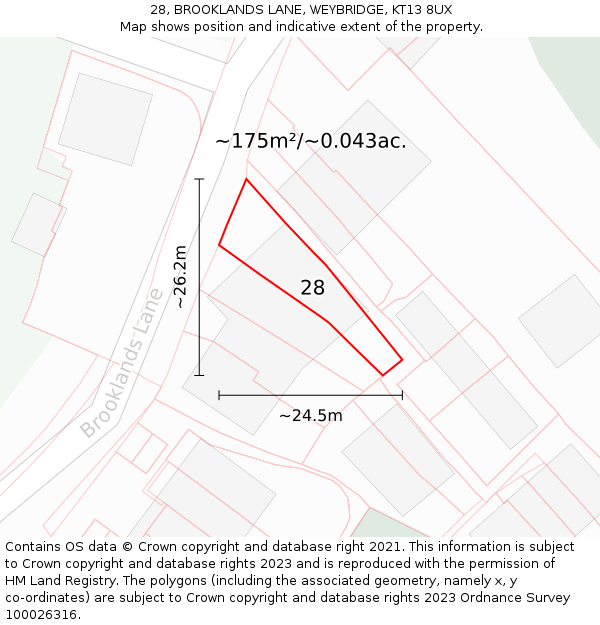 28, BROOKLANDS LANE, WEYBRIDGE, KT13 8UX: Plot and title map