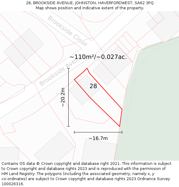 28, BROOKSIDE AVENUE, JOHNSTON, HAVERFORDWEST, SA62 3PQ: Plot and title map