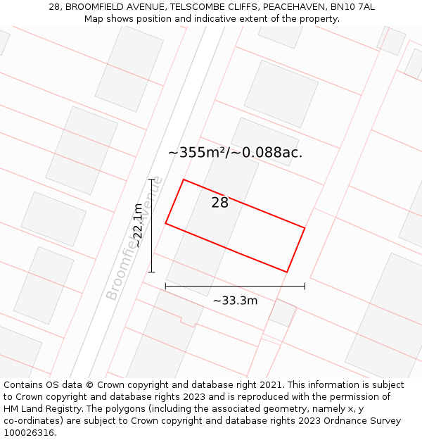 28, BROOMFIELD AVENUE, TELSCOMBE CLIFFS, PEACEHAVEN, BN10 7AL: Plot and title map