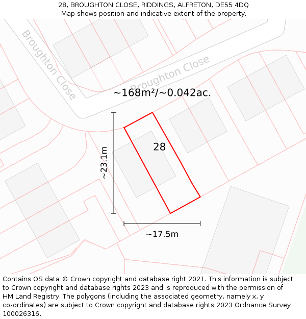 28, BROUGHTON CLOSE, RIDDINGS, ALFRETON, DE55 4DQ: Plot and title map