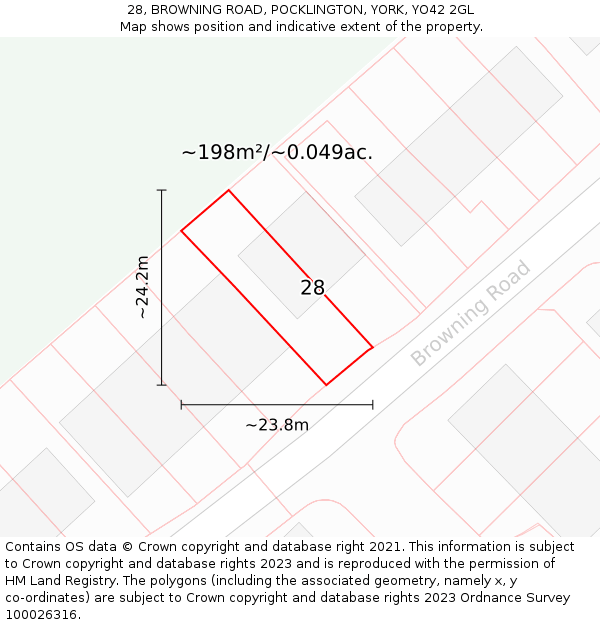 28, BROWNING ROAD, POCKLINGTON, YORK, YO42 2GL: Plot and title map