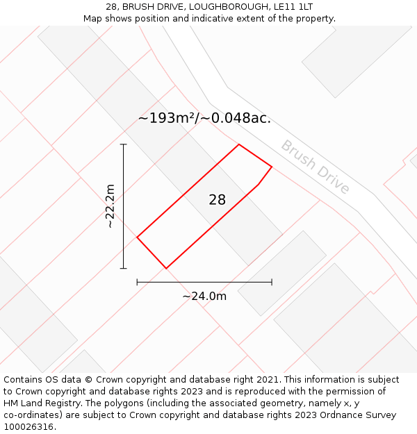 28, BRUSH DRIVE, LOUGHBOROUGH, LE11 1LT: Plot and title map