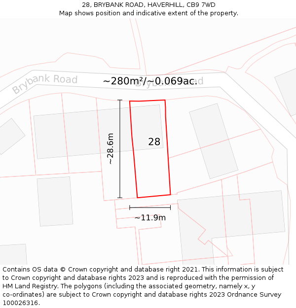 28, BRYBANK ROAD, HAVERHILL, CB9 7WD: Plot and title map