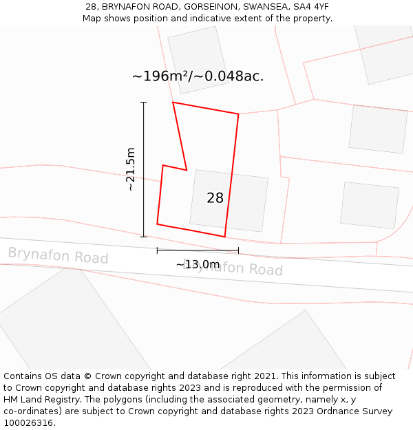 28, BRYNAFON ROAD, GORSEINON, SWANSEA, SA4 4YF: Plot and title map