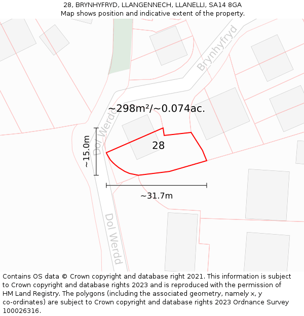 28, BRYNHYFRYD, LLANGENNECH, LLANELLI, SA14 8GA: Plot and title map